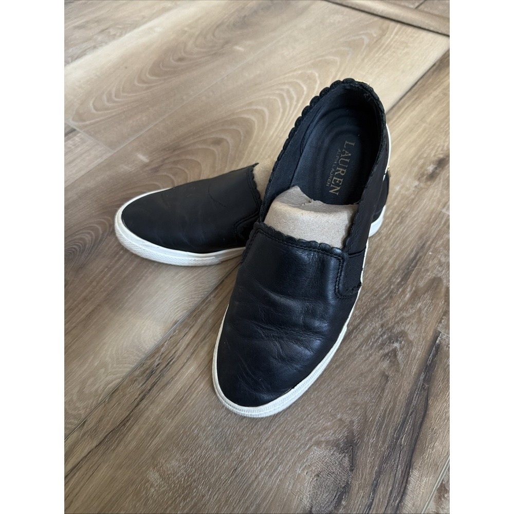 Lauren Ralph Lauren Jinny Leather Slip On Sneakers 8 Black Minimalist Comfort